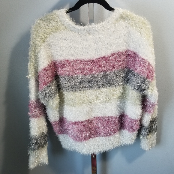 Wild Fable Women's L Sparkle Fuzzy Eyelash Striped Cropped Sweater Purple Gray. - Picture 5 of 7